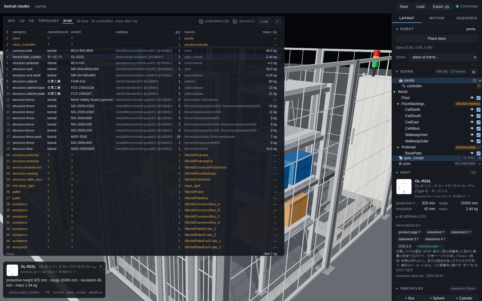 The bill of materials over the viewport, the arm's tool selected