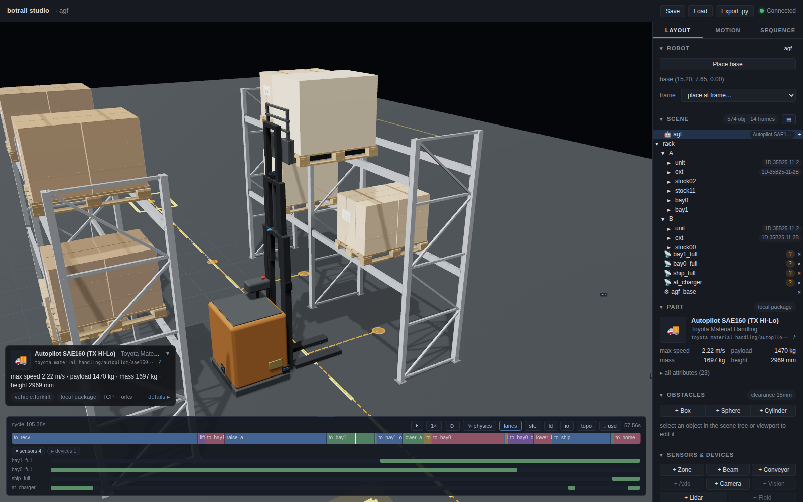 The automated forklift driving forks first into a bay with the received pallet raised to the upper beam level, the racking across the aisle and its taped route behind it
